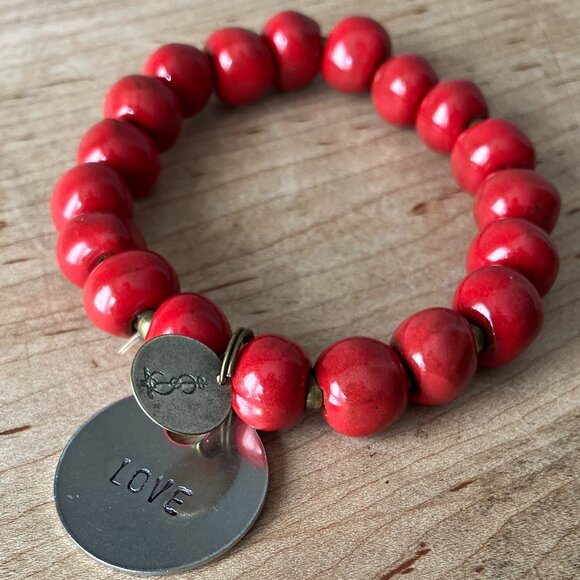 Simbi Jewelry - Simbi Red Clay Distressed Bead Stretch Bracelet Hand Stamped LOVE Charm
